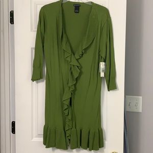 Green ruffle front sweater NWT size L.